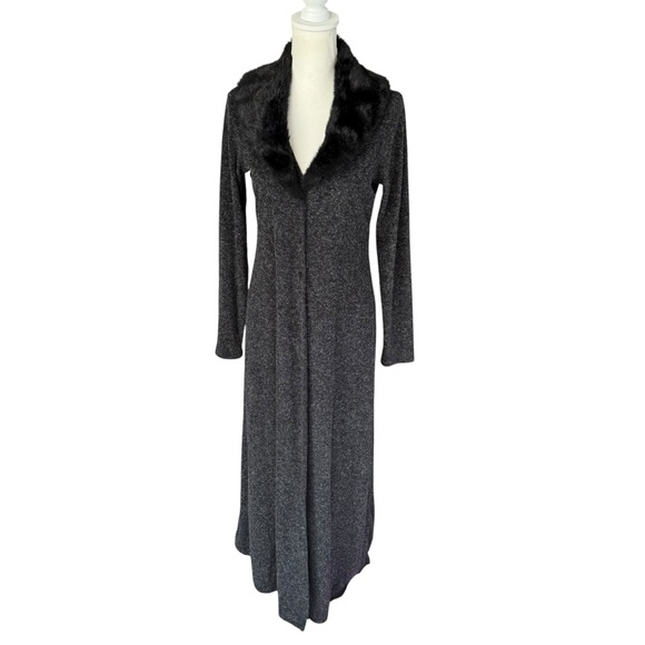 Vtg 90s Selections Black and Gray Sweater duster faux fur collar women large - Picture 1 of 4